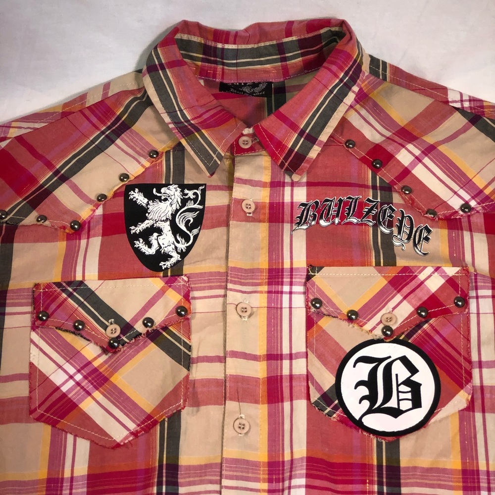 Men’s Bulzeye Black Label Plaid Button Up Short Sleeve Shirt Size XL - Picture 2 of 7